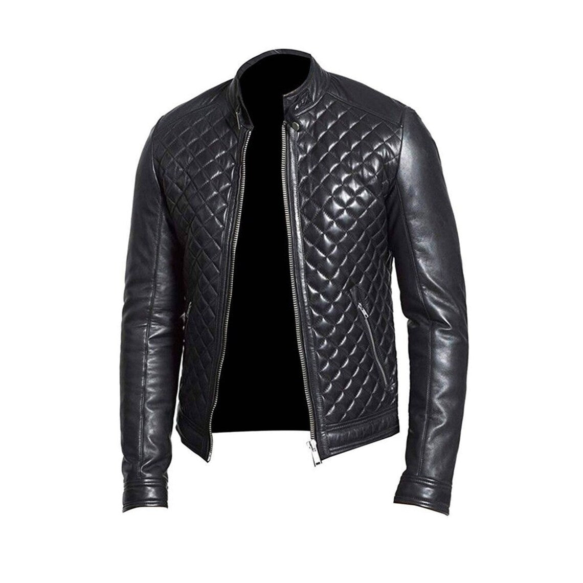 Black Genuine Leather Quilted Bomber Jacket Men