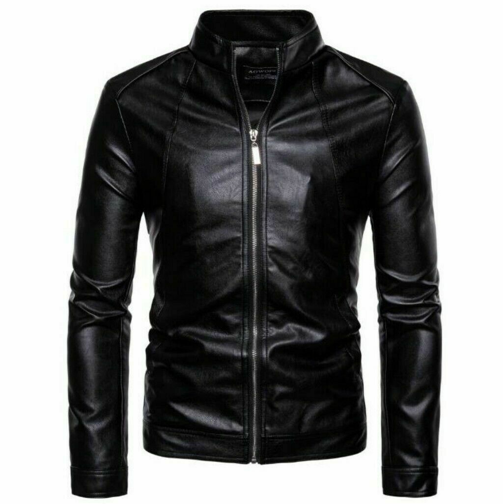 Men's Motorcycle Biker Leather Jacket Stand Collar Long sleeve Zipper Slim Fit