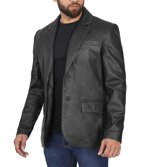 Men's Classic Genuine Black Leather Blazer Jacket
