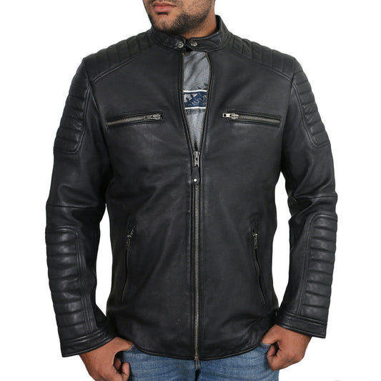 Men's Genuine Leather Moto Jacket with Full Striped Sleeves