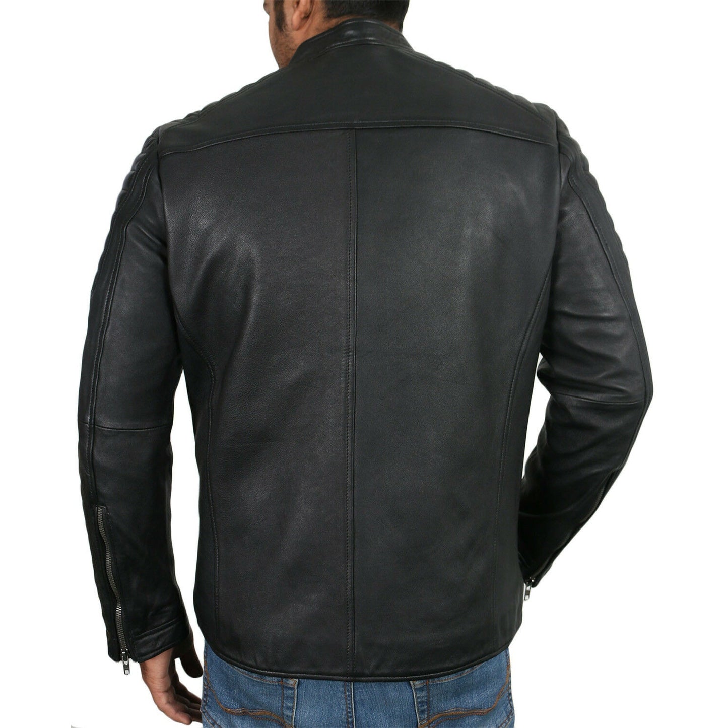 Men's Genuine Leather Moto Jacket with Full Striped Sleeves