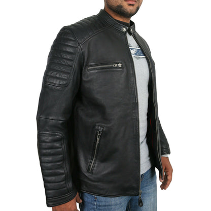 Men's Genuine Leather Moto Jacket with Full Striped Sleeves