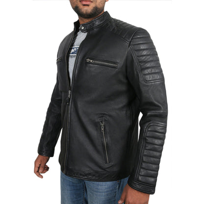 Men's Genuine Leather Moto Jacket with Full Striped Sleeves