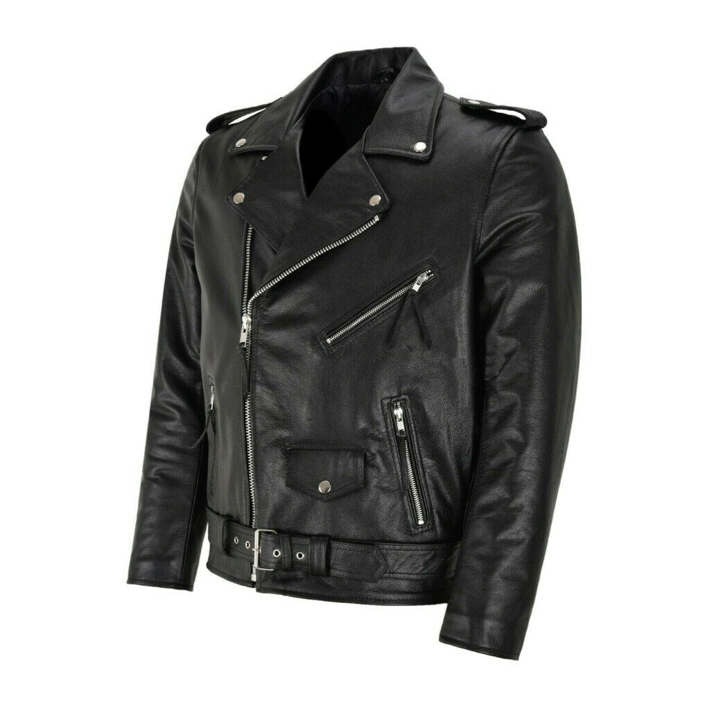 Mens Brando Leather Jacket Motorcycle Perfect Black Cow hide Biker Jacket