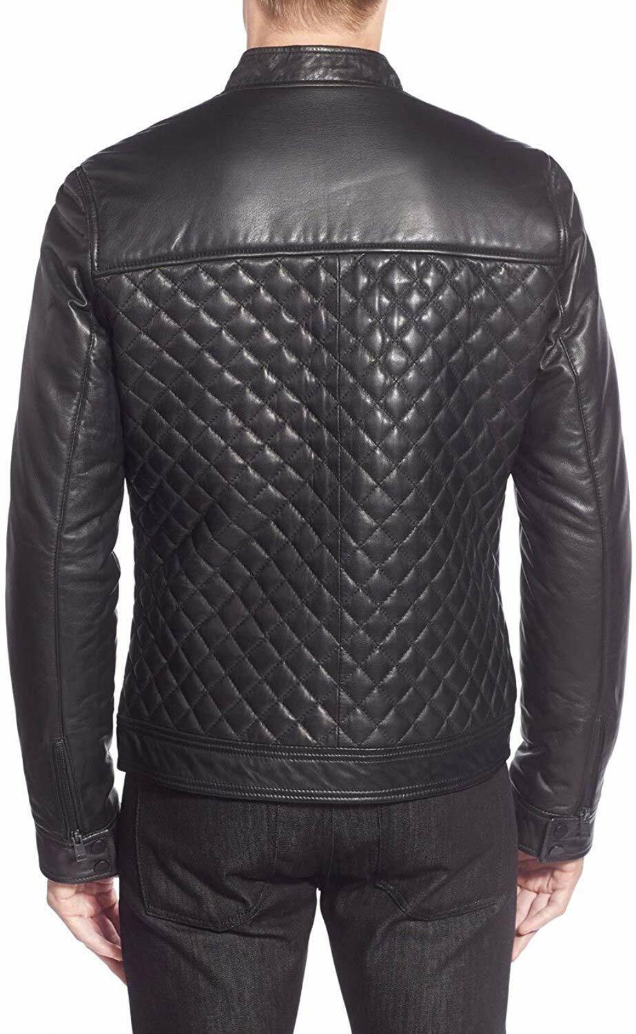 Black Genuine Leather Quilted Bomber Jacket Men