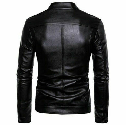 Men's Motorcycle Biker Leather Jacket Stand Collar Long sleeve Zipper Slim Fit