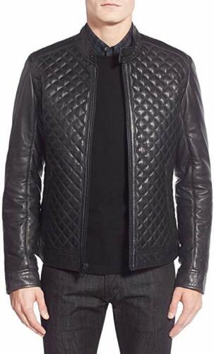 Black Genuine Leather Quilted Bomber Jacket Men