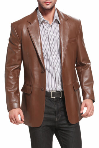 Men's Classic Genuine Brown Leather Blazer Jacket