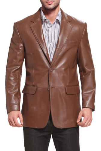 Men's Classic Genuine Brown Leather Blazer Jacket