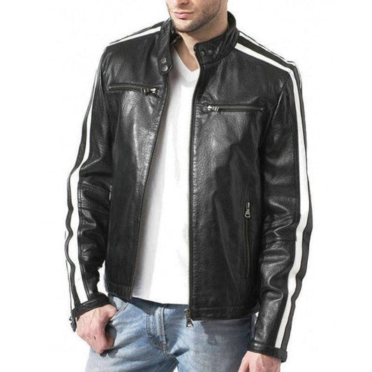 Snap Tab Collar Café Racer Leather Jacket Mens w/Striped Sleeves